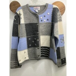VTG Tally-Ho 100% Wool L Patchwork Sweater Gray Blue Hand Embroidered Made in HK